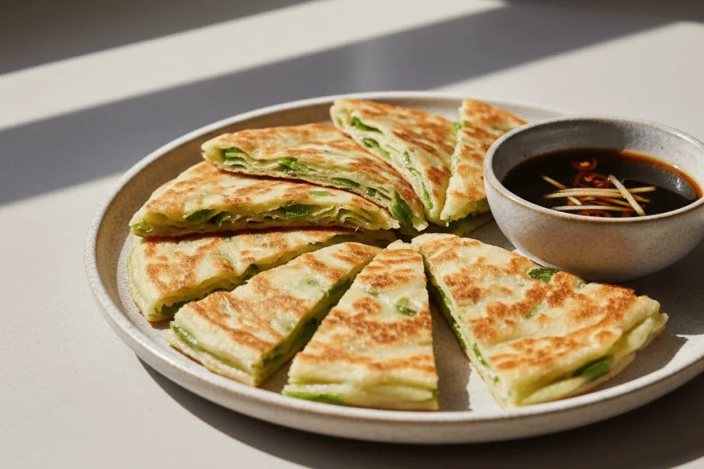 Sliced scallion pancakes served with a soy-vinegar dipping sauce, highlighting the flaky interior and crisp golden crust.