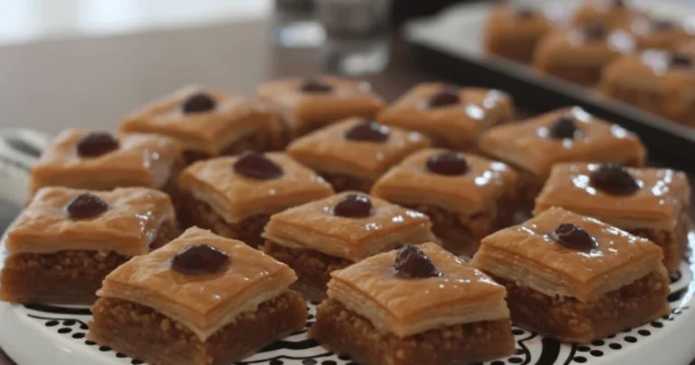 Crispy baklava with golden phyllo layers and visible nut filling, baked until perfectly crunchy.