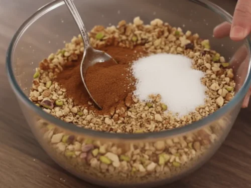 Finely chopped nuts mixed with cinnamon and sugar for baklava filling before layering. This step ensures even flavor and texture.