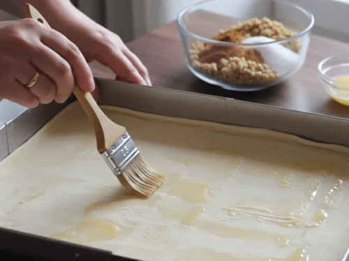 Phyllo dough sheets layered in a baking pan with butter brushed between each layer for crispy baklava.