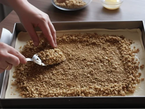 Even layer of chopped nuts spread over buttered phyllo dough during baklava assembly.