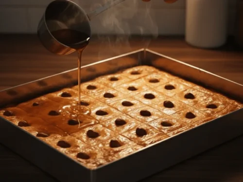 Syrup being poured over hot baklava to soak into layers without making them soggy.