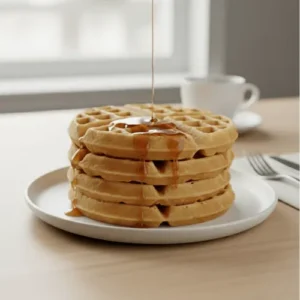 Fluffy buttermilk waffles stacked on a plate with maple syrup dripping down the sides, perfect for an easy homemade breakfast.