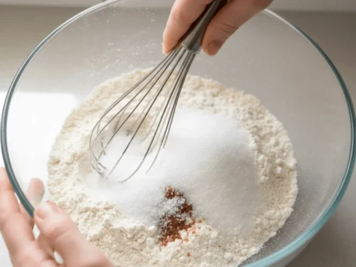 Dry ingredients being whisked together in a bowl as the first step of making homemade buttermilk waffles.