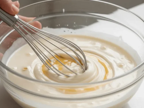 Buttermilk and eggs being whisked together to create a smooth waffle batter base.