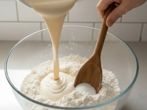 Wet ingredients being folded into dry ingredients to form buttermilk waffle batter.