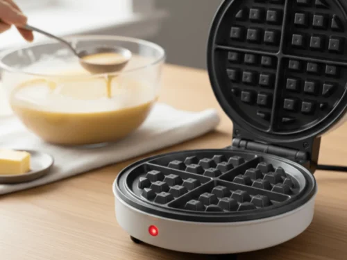 A waffle iron heating up on the counter before cooking homemade buttermilk waffles.