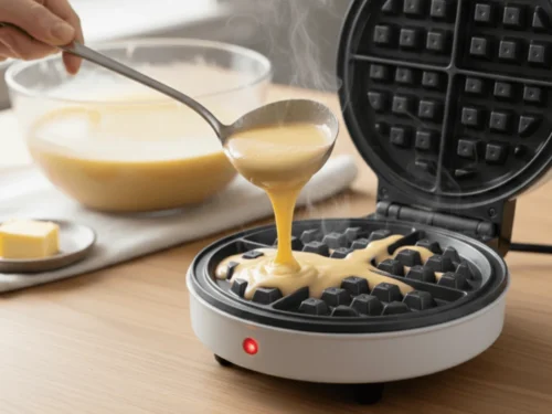 Buttermilk waffle batter being poured into a hot waffle iron before cooking.