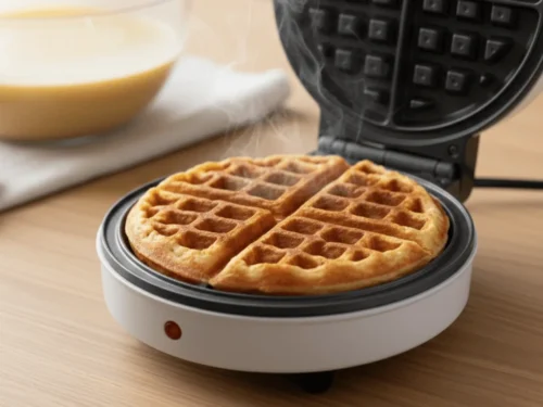 Freshly cooked buttermilk waffles inside a waffle iron with a golden, crispy surface.