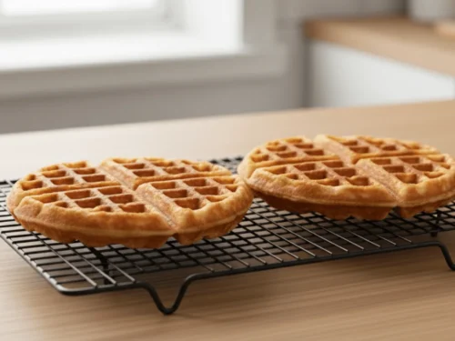 Buttermilk waffles cooling on a wire rack to maintain their crispy texture.