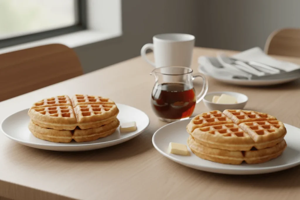 Buttermilk waffles served on plates with maple syrup and butter, ready to enjoy for a homemade breakfast.