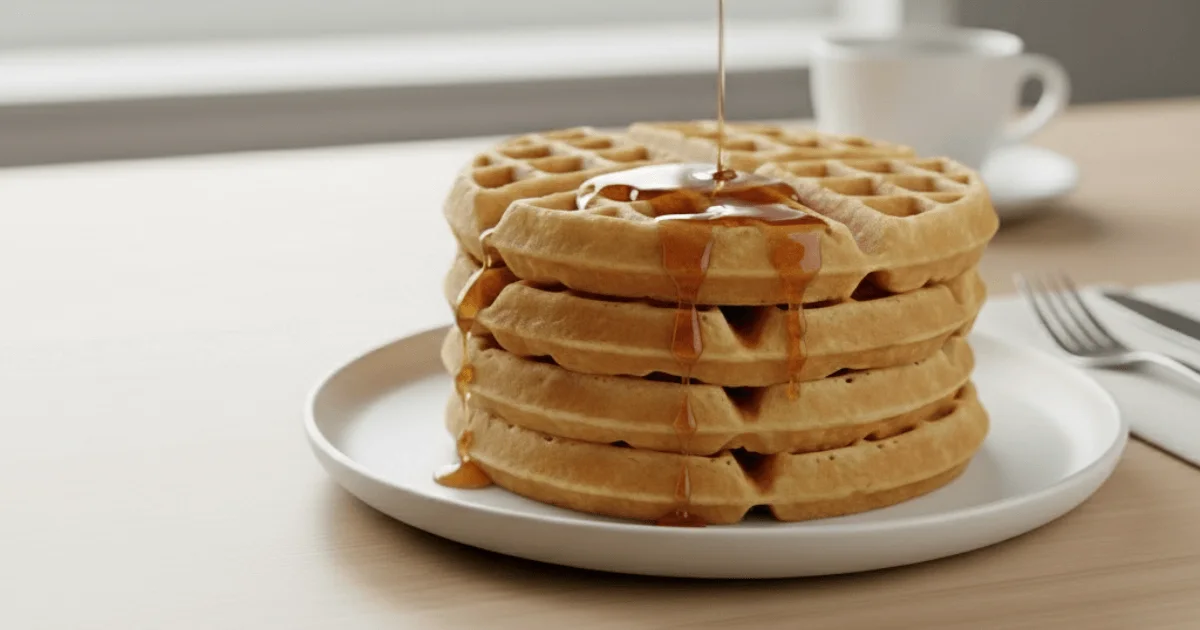 Fluffy buttermilk waffles stacked on a plate with maple syrup dripping down the sides, perfect for an easy homemade breakfast.