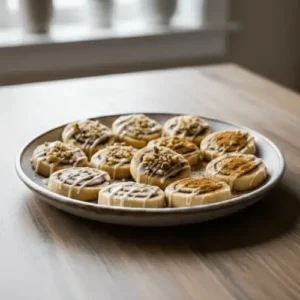 Cinnamon roll cookies with visible cinnamon swirls and vanilla glaze cooling on a baking sheet. These cookies resemble classic cinnamon rolls in cookie form.
