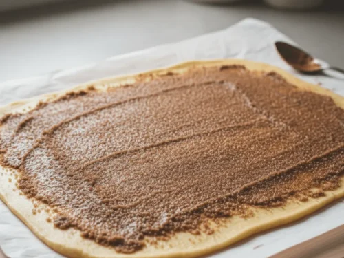 Cinnamon filling spread evenly over rolled cookie dough before shaping into a log. This step creates the swirl pattern.