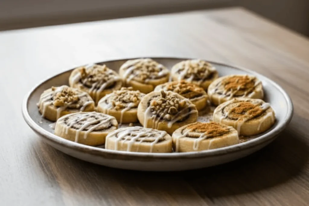 A plate of cinnamon roll cookies served with different variations, including glaze, crushed nuts, and pumpkin spice toppings, ready to enjoy.