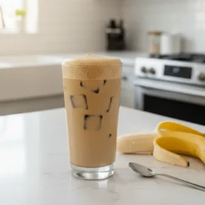 Coffee protein shake served as a quick breakfast option with a banana nearby. This image represents a convenient, high-protein morning meal.