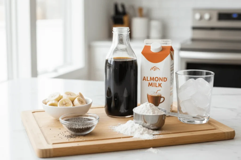 Ingredients for a coffee protein shake including cold brew, almond milk, frozen banana, protein powder, and ice cubes. This image helps readers quickly identify what they need for the recipe.