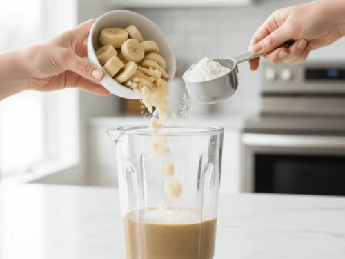 Banana slices and protein powder being added into a blender with coffee and almond milk. This image shows an early step in making a coffee protein smoothie.