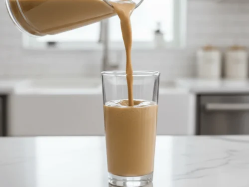 Coffee protein shake being poured into a tall glass with a smooth, creamy flow. This image shows the final preparation step before serving.