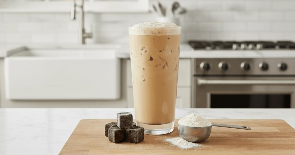 Creamy coffee protein shake served in a tall glass with foam on top and coffee ice cubes nearby. This image highlights a healthy, energizing protein coffee drink perfect for breakfast or workouts.