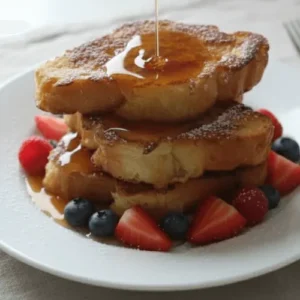 Golden croissant French toast served with powdered sugar and fresh berries on a breakfast plate. A luxurious homemade brunch idea made with flaky croissants.