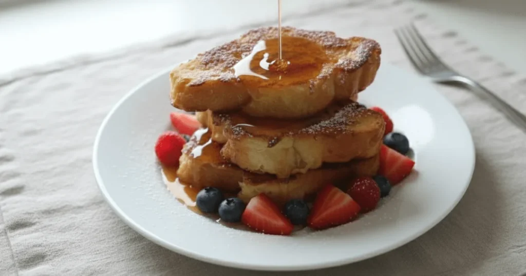 Golden croissant French toast served with powdered sugar and fresh berries on a breakfast plate. A luxurious homemade brunch idea made with flaky croissants.