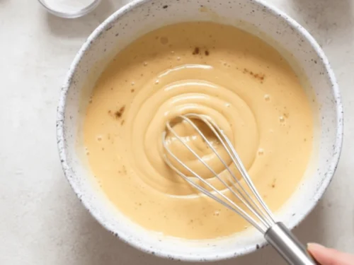 Eggs, milk, sugar, and cinnamon whisked together to make French toast custard. A key step in preparing croissant French toast.