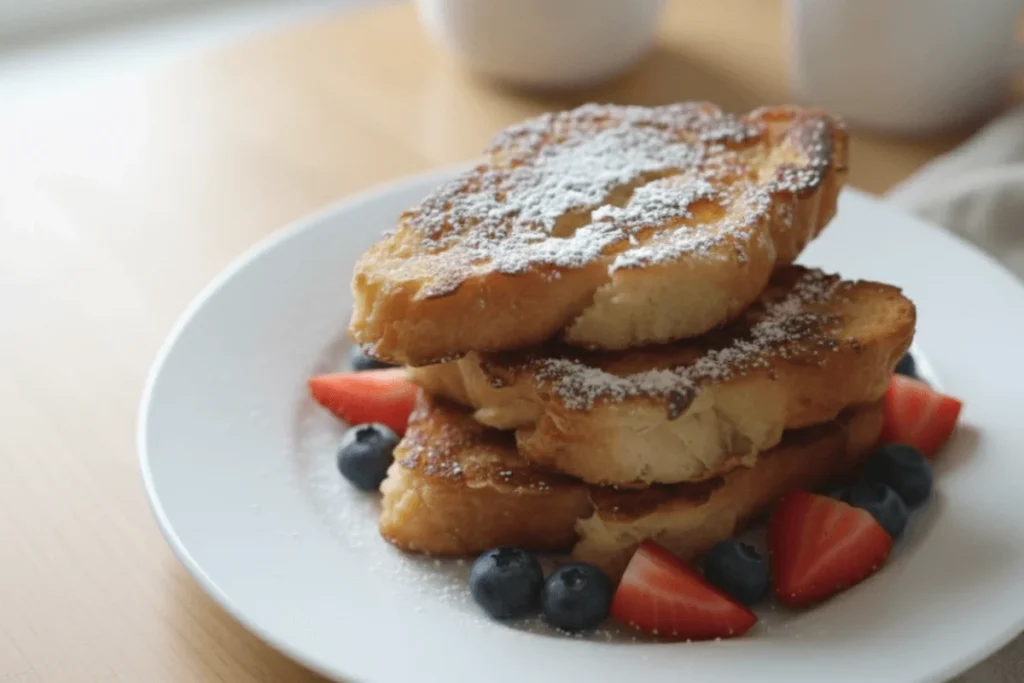 Croissant French toast topped with berries and syrup, ready to serve for breakfast or brunch. A visually appealing homemade dish.