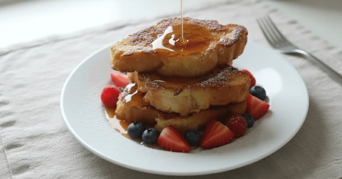 Golden croissant French toast served with powdered sugar and fresh berries on a breakfast plate. A luxurious homemade brunch idea made with flaky croissants.