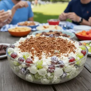 A bowl of creamy grape salad with red and green grapes, topped with brown sugar and pecans, perfect for potlucks