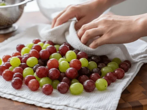 Red and green seedless grapes being rinsed and dried on a towel for grape salad preparation