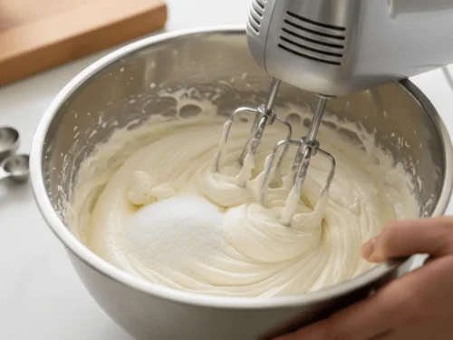 Cream cheese, sour cream, sugar, and vanilla being mixed together in a bowl for grape salad