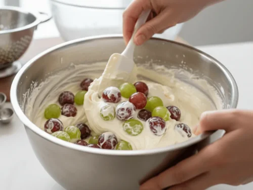 Red and green grapes being folded into the cream cheese and sour cream mixture for grape salad