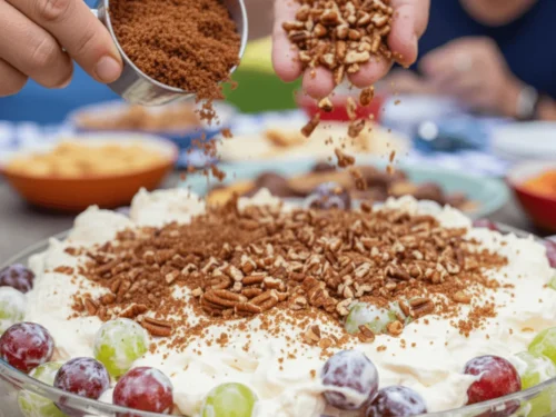 Brown sugar and toasted pecans being added on top of chilled grape salad