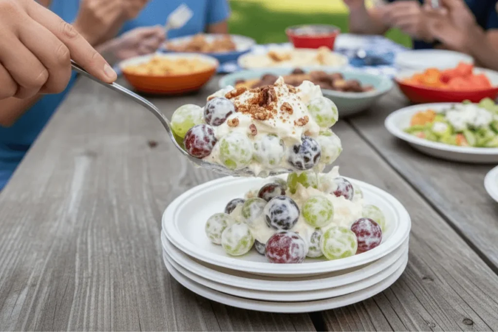 Creamy grape salad being served from a bowl onto individual dessert plates, perfect for parties and potlucks
