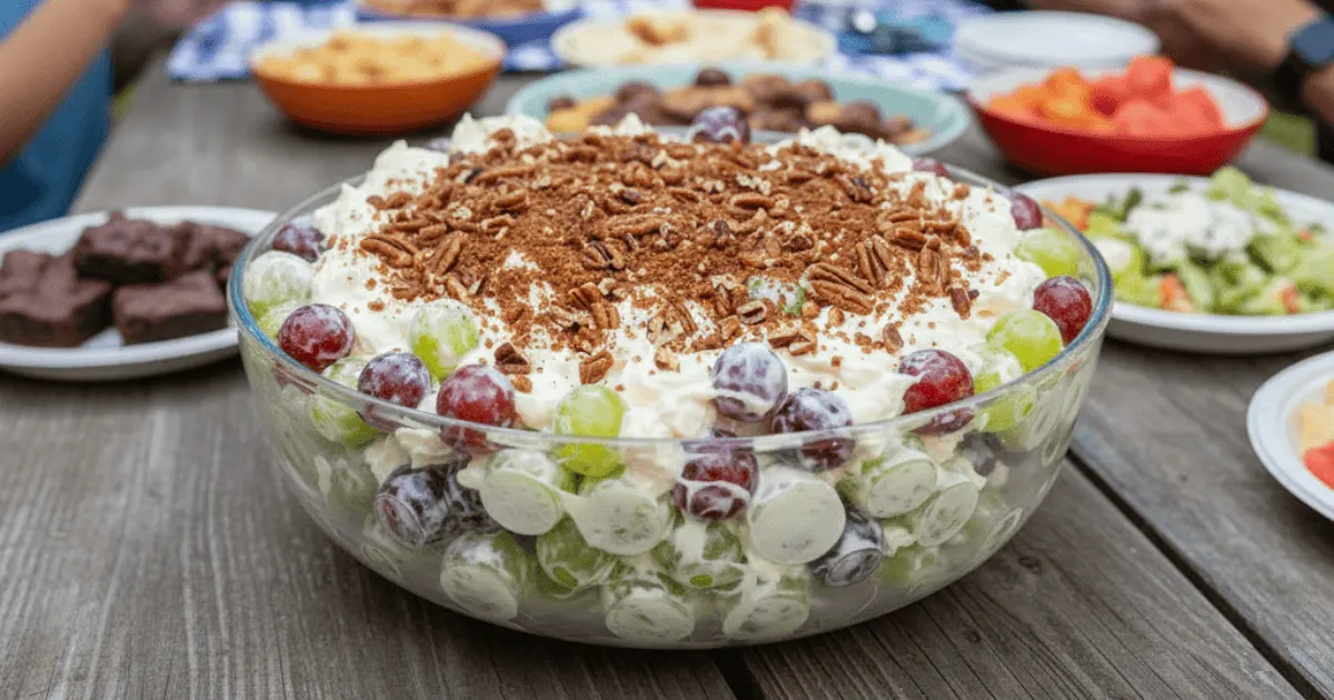 A bowl of creamy grape salad with red and green grapes, topped with brown sugar and pecans, perfect for potlucks