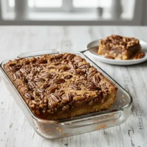 A freshly baked pecan pie dump cake with a golden cake topping and toasted pecans, served in a baking dish.