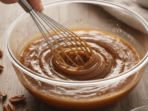 Eggs, brown sugar, and corn syrup being whisked together to create the base for pecan pie dump cake filling.