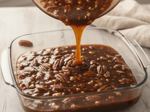 Pecan pie filling spread evenly in a baking dish before adding the cake mix layer.