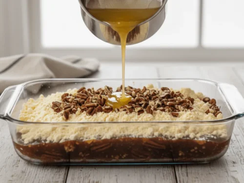 Melted butter drizzled over cake mix and pecans before baking the pecan pie dump cake.