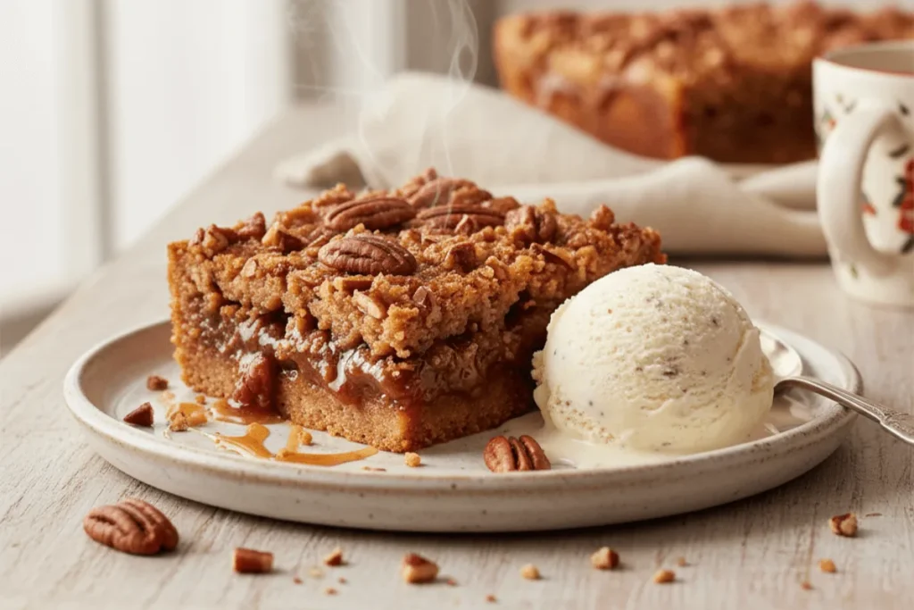 A warm slice of pecan pie dump cake served with vanilla ice cream, showing the gooey interior.