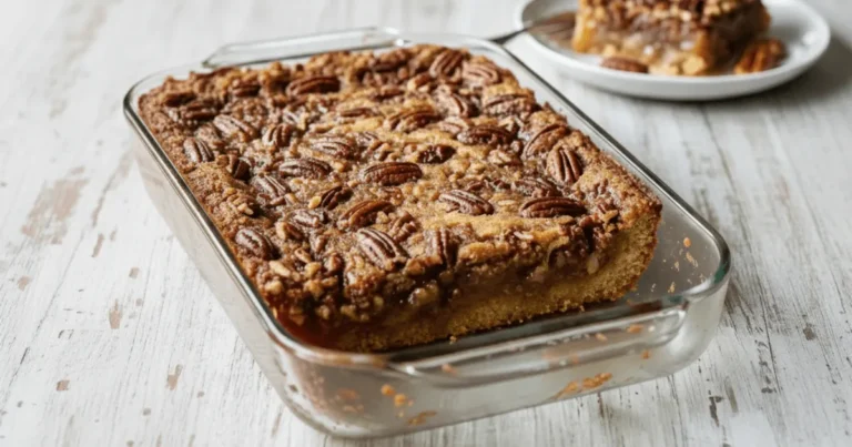A freshly baked pecan pie dump cake with a golden cake topping and toasted pecans, served in a baking dish.