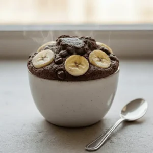High-protein chocolate mug cake made in the microwave, served in a mug and ready in under two minutes.