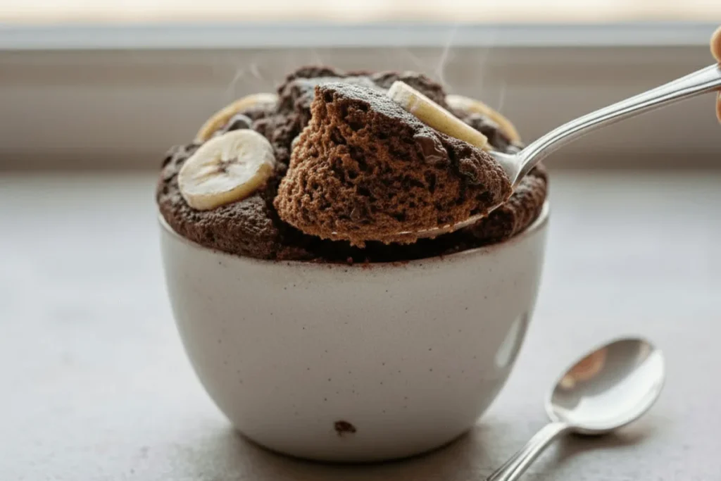 Single-serving protein mug cake served in a mug with a spoon, showing a soft and fluffy interior ideal for a quick high-protein dessert.