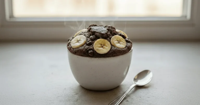 High-protein chocolate mug cake made in the microwave, served in a mug and ready in under two minutes.