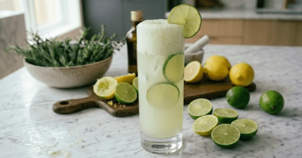 A glass of Brazilian lemonade with a frothy top and fresh lime slices, showcasing the creamy texture of this refreshing summer drink.
