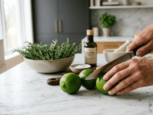 Fresh green limes being washed and cut into quarters for Brazilian lemonade preparation.