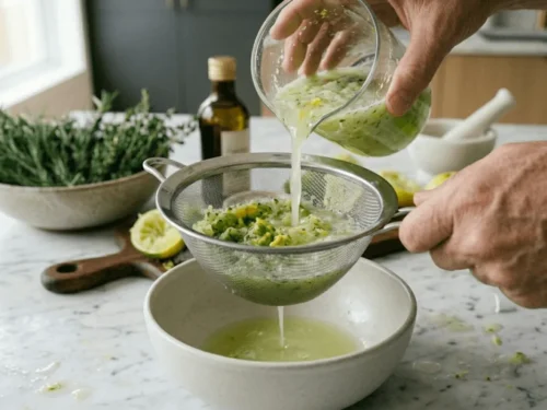 Lime mixture being strained through a sieve to remove pulp and peel for a smoother drink.