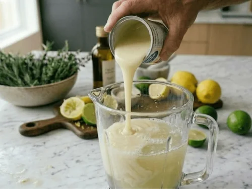 Sweetened condensed milk being added to lime juice to create a creamy Brazilian lemonade.
