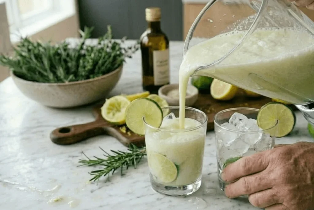 Fresh Brazilian lemonade served in glasses with ice and lime garnish, ready to enjoy.